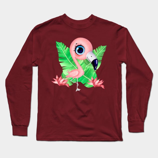 Cute flamingo stands on one leg with tropical leaves Long Sleeve T-Shirt by Abderrahmaneelh